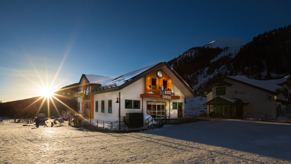 Arapahoe Basin Ski Area showing snow and a sunset