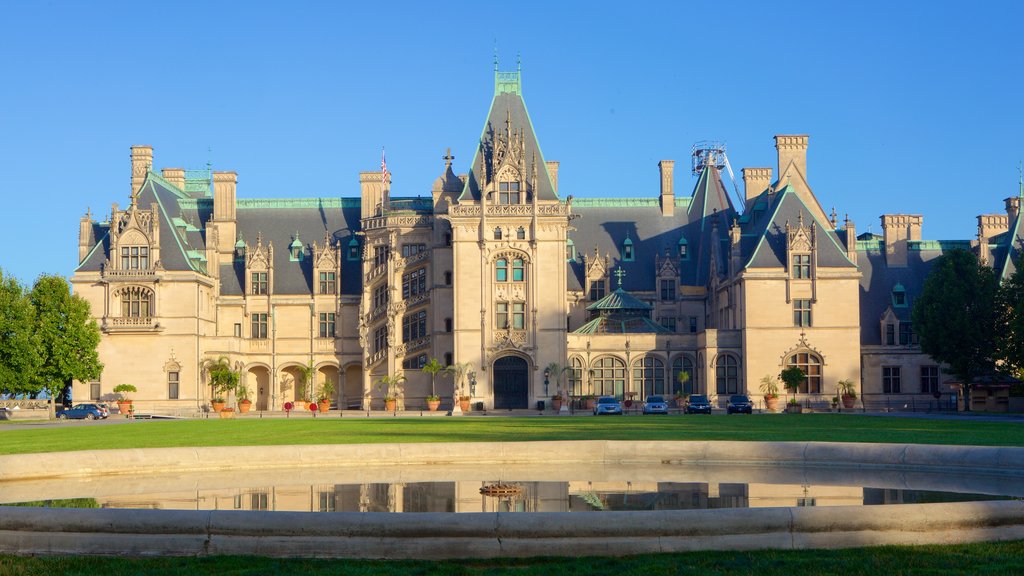 Biltmore Estate featuring heritage architecture, a fountain and a castle