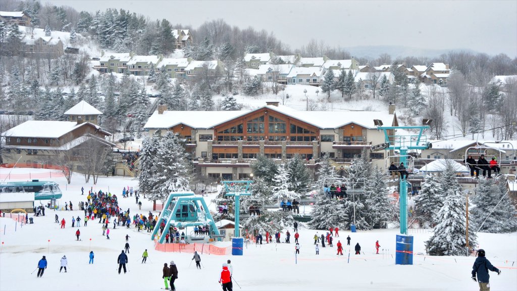 Holiday Valley Ski Area which includes snow, a luxury hotel or resort and snow skiing