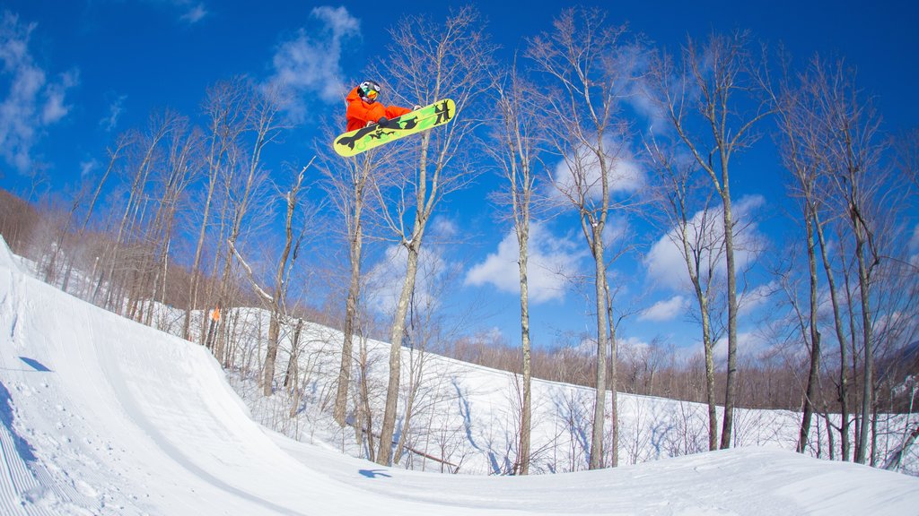 Okemo Valley Golf Club showing snow and snow boarding as well as an individual male