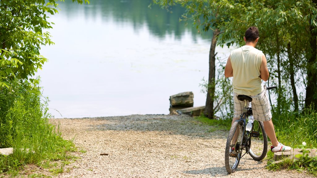 Richmond Hill mostrando ciclismo e um lago ou charco assim como um homem sozinho