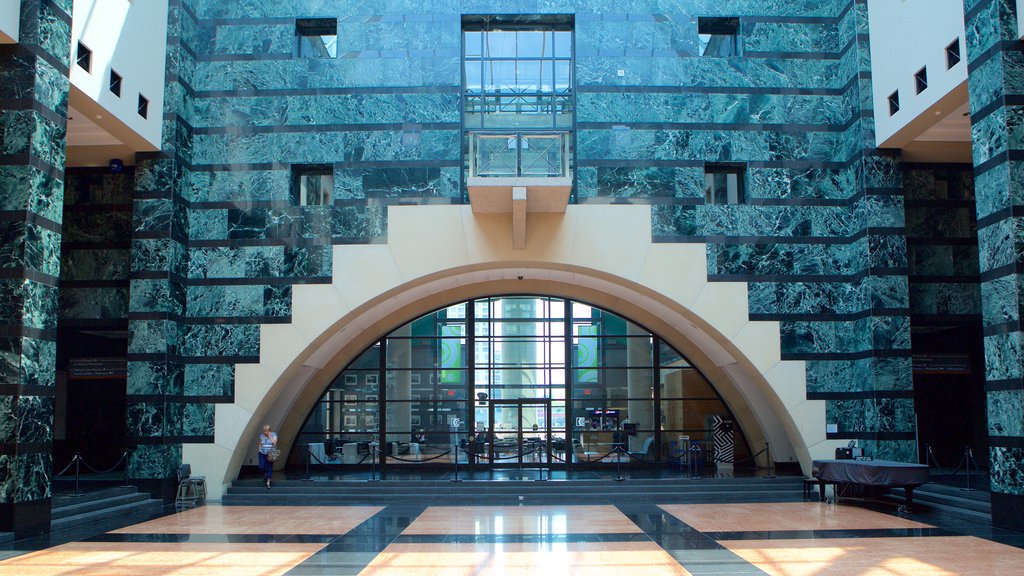 Mississauga Civic Centre showing modern architecture, an administrative buidling and interior views