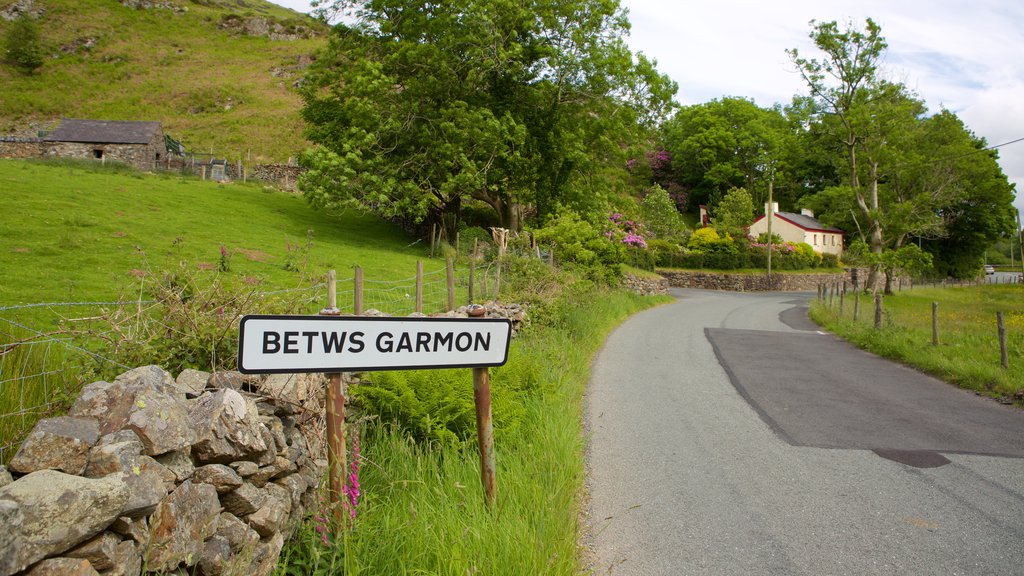 Betws Garmon which includes farmland and signage