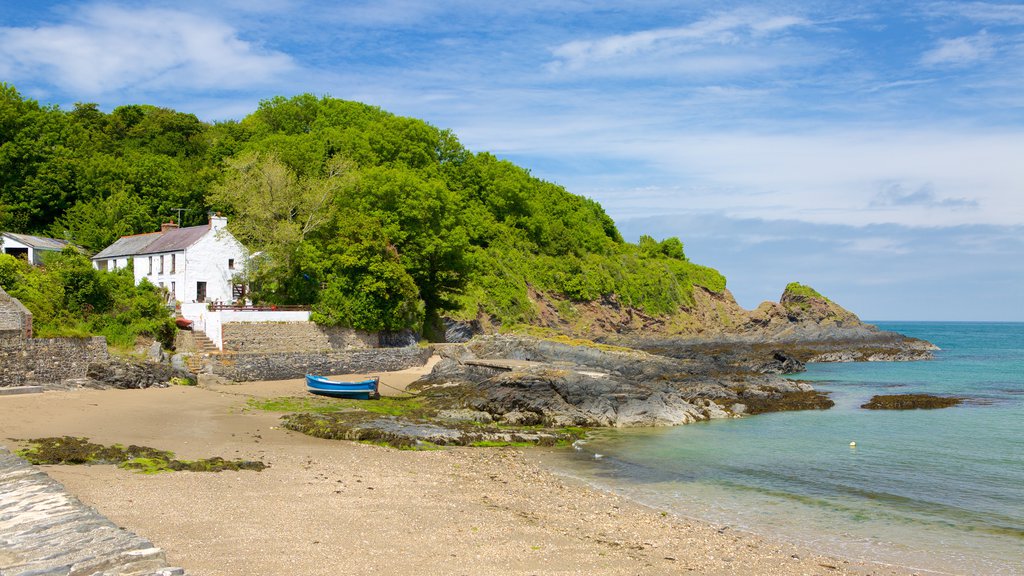 Pembrokeshire Coast National Park showing a sandy beach, a coastal town and a pebble beach