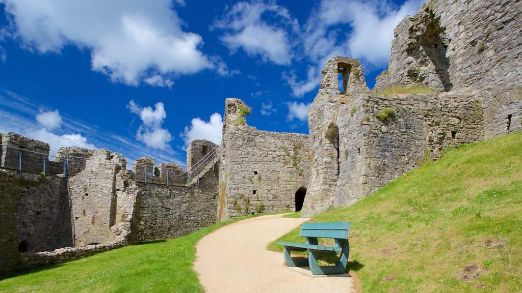 Oystermouth Castle que incluye castillo o palacio, una ruina y elementos del patrimonio