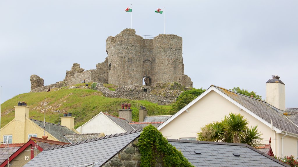 Criccieth Castle showing a small town or village, heritage elements and a ruin