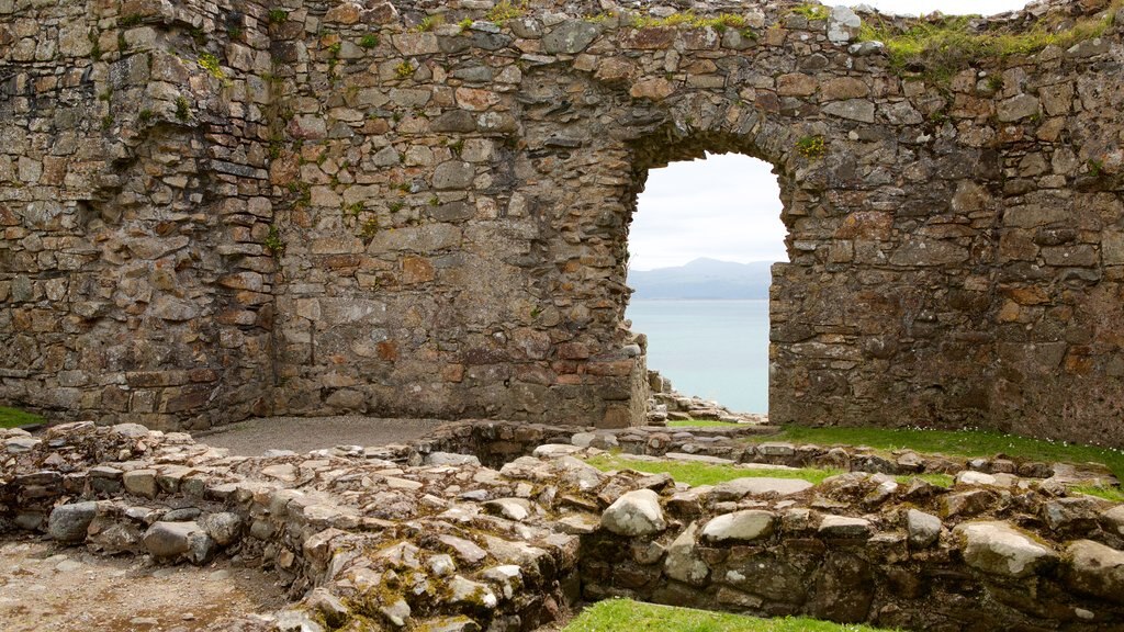 Castillo de Criccieth mostrando un castillo, elementos patrimoniales y una ruina