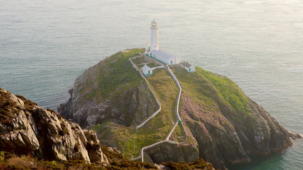 South Stack Lighthouse featuring a lighthouse, rugged coastline and general coastal views