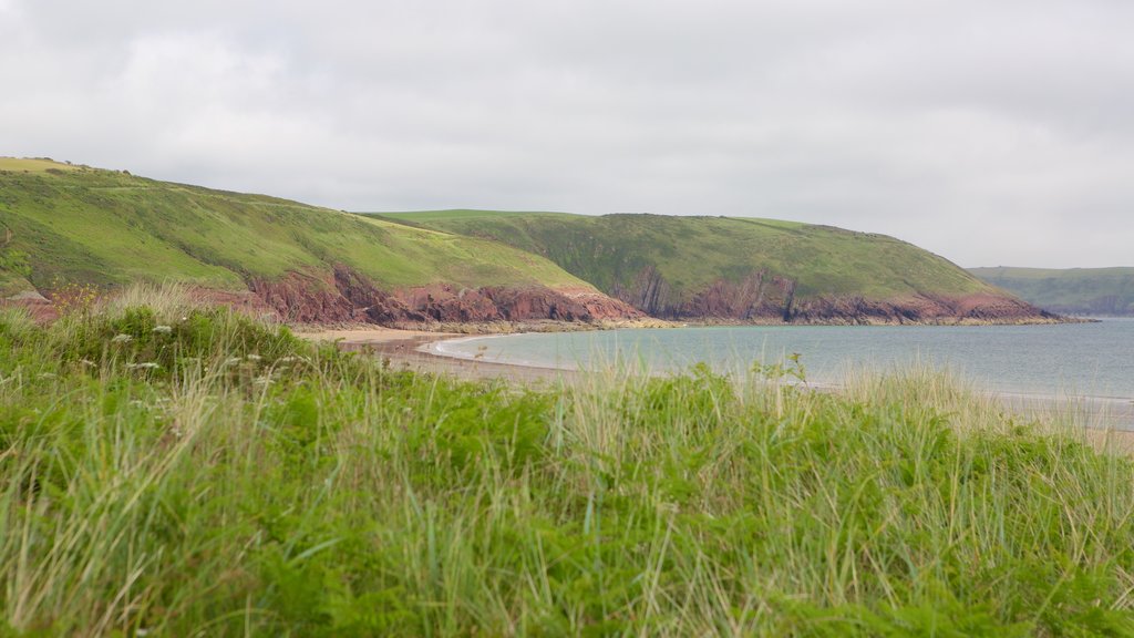 Freshwater East Beach featuring a bay or harbour and farmland