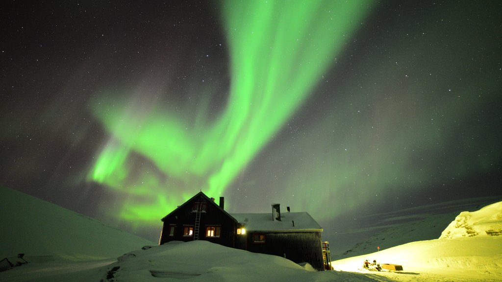 Complejo de esquí Bjorkliden Fjallby mostrando auroras boreales, nieve y una casa