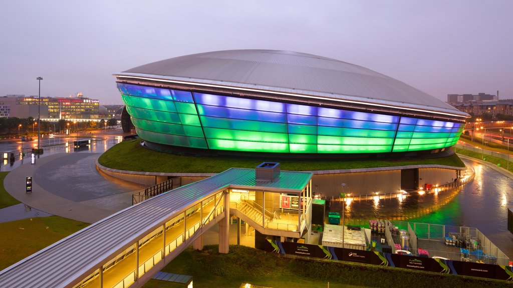 The SSE Hydro which includes mist or fog and night scenes