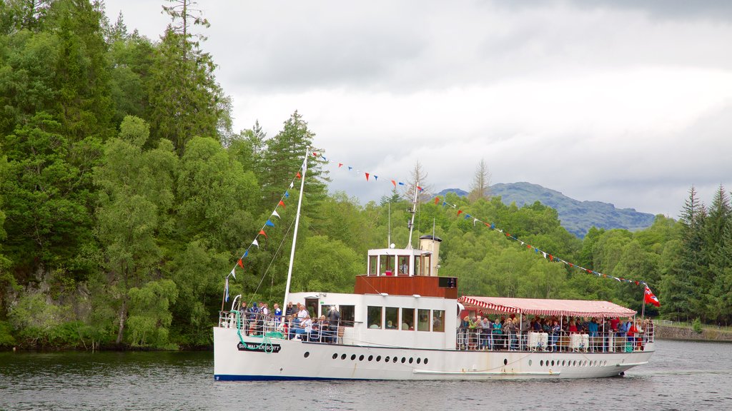 Loch Katrine showing a lake or waterhole, a ferry and boating