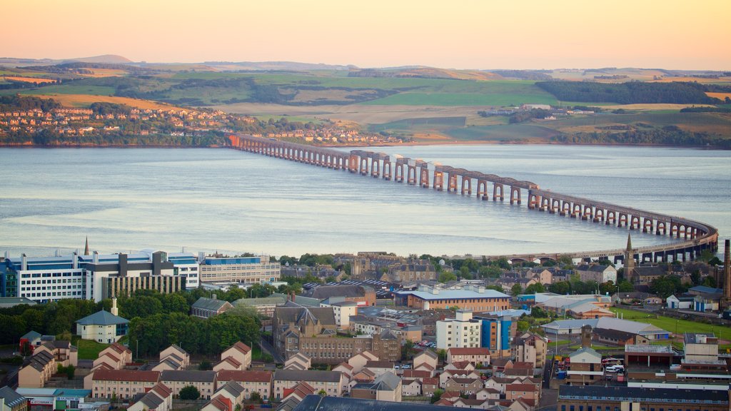 Dundee Law featuring a bridge, a small town or village and a river or creek