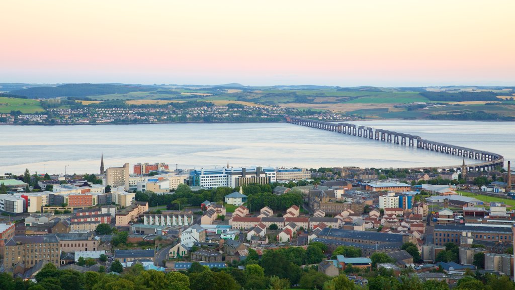 Dundee Law which includes a small town or village, a river or creek and a bridge