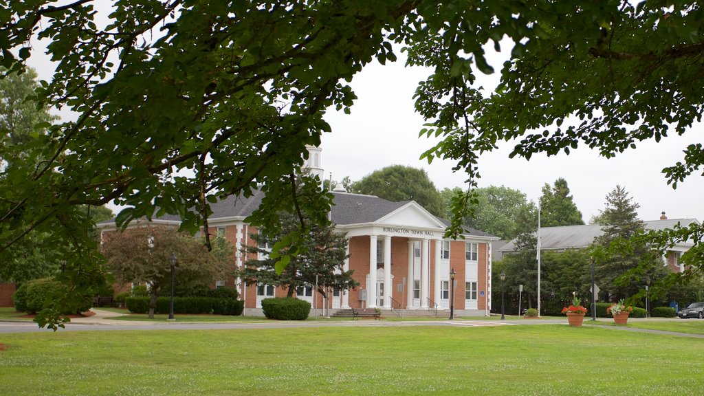 Burlington showing a garden and an administrative buidling