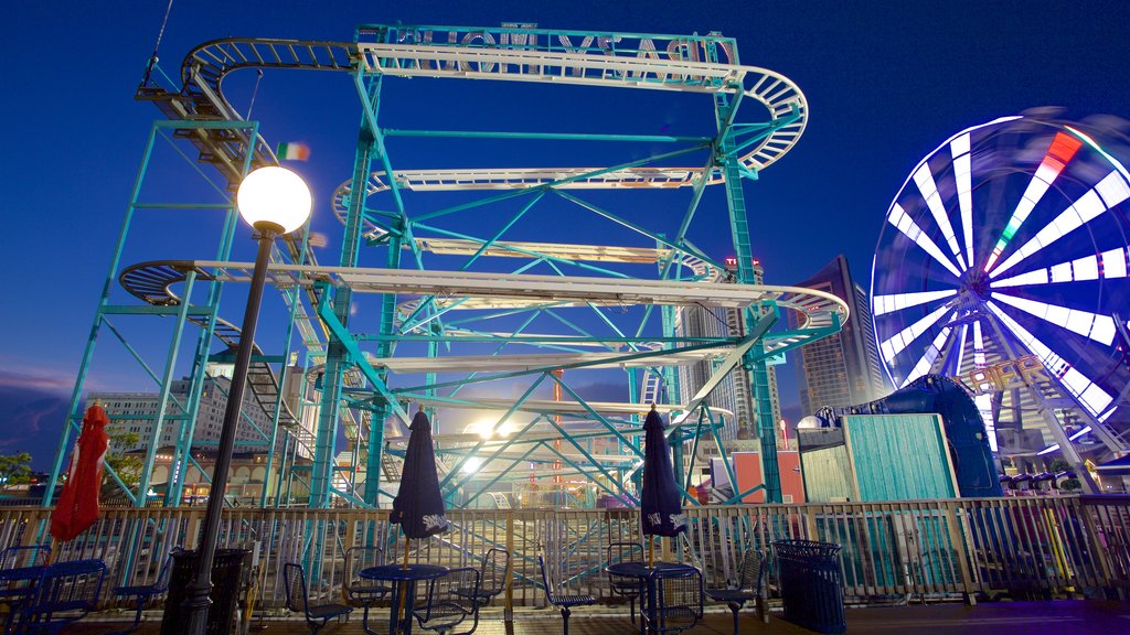 Muelle de acero mostrando escenas nocturnas y paseos