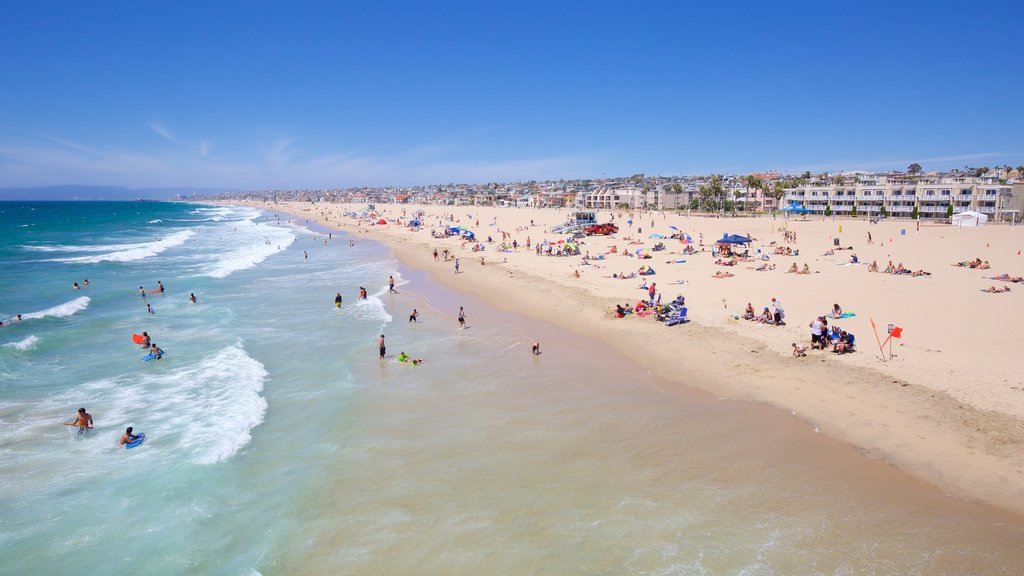 Hermosa Beach which includes general coastal views and a sandy beach as well as a large group of people