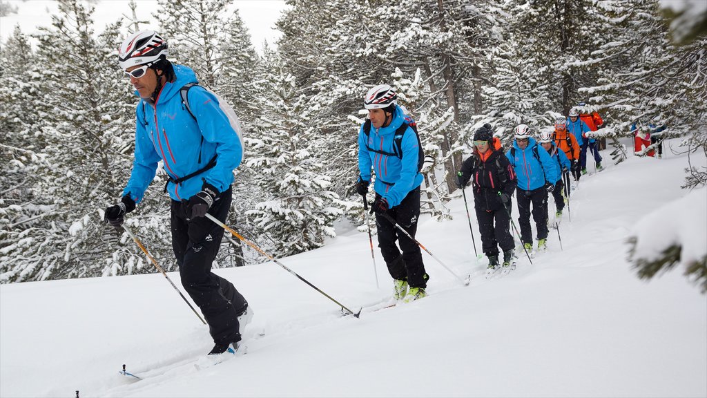 Zona de esquí de Encamp-Grandvalira ofreciendo nieve y ski de fondo y también un pequeño grupo de personas