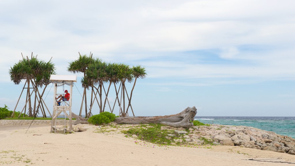 Okinawa which includes a coastal town and a sandy beach