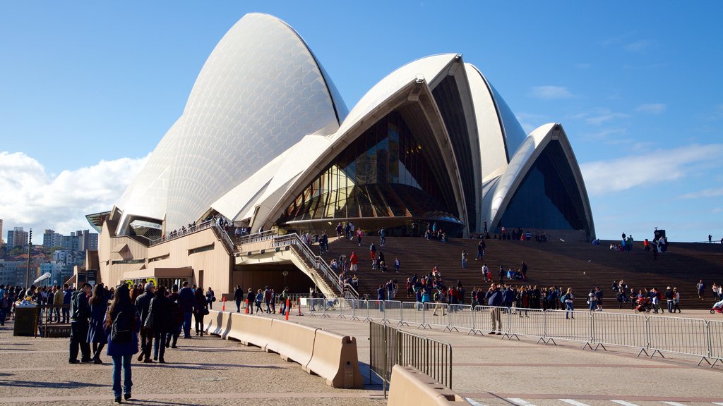 Sydney Opera House showing a city, modern architecture and a square or plaza