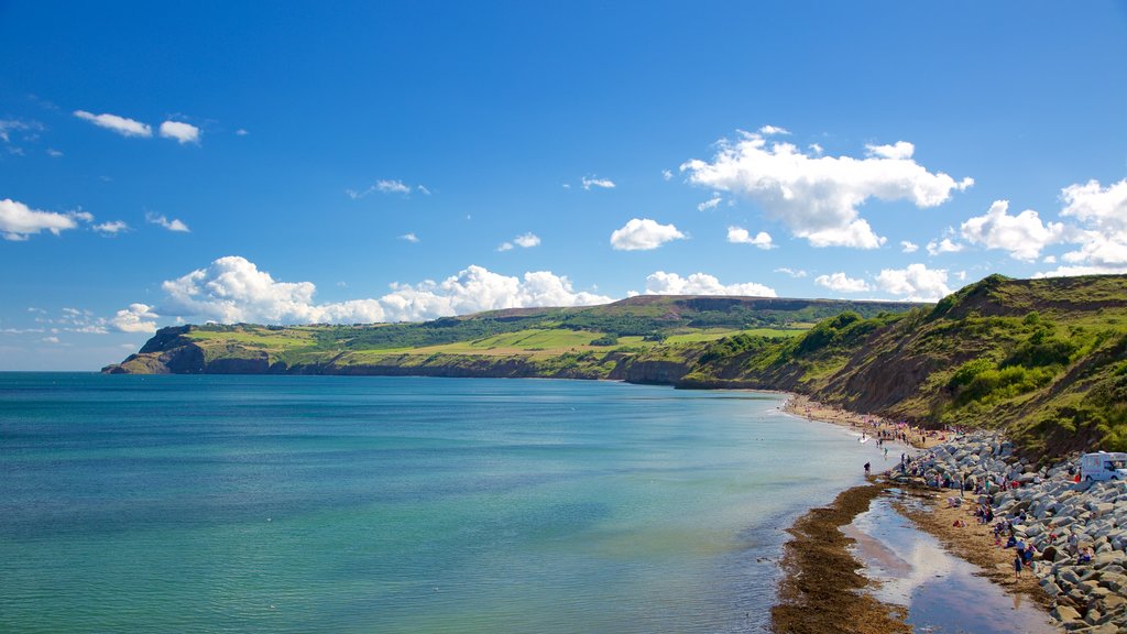 Robin Hood\'s Bay Beach som viser landskap og kyst