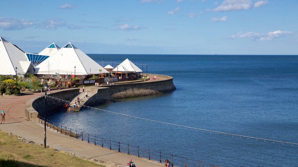 North Bay Beach showing rugged coastline, a coastal town and street scenes