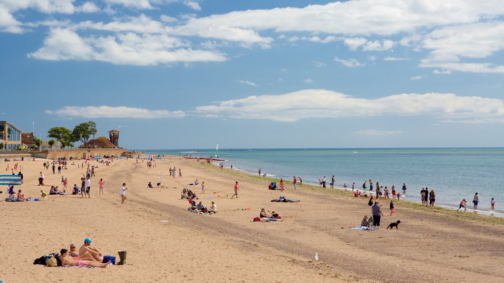 Exmouth featuring a beach and swimming as well as a large group of people