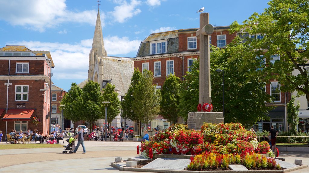 Exmouth mostrando una plaza, arquitectura patrimonial y flores