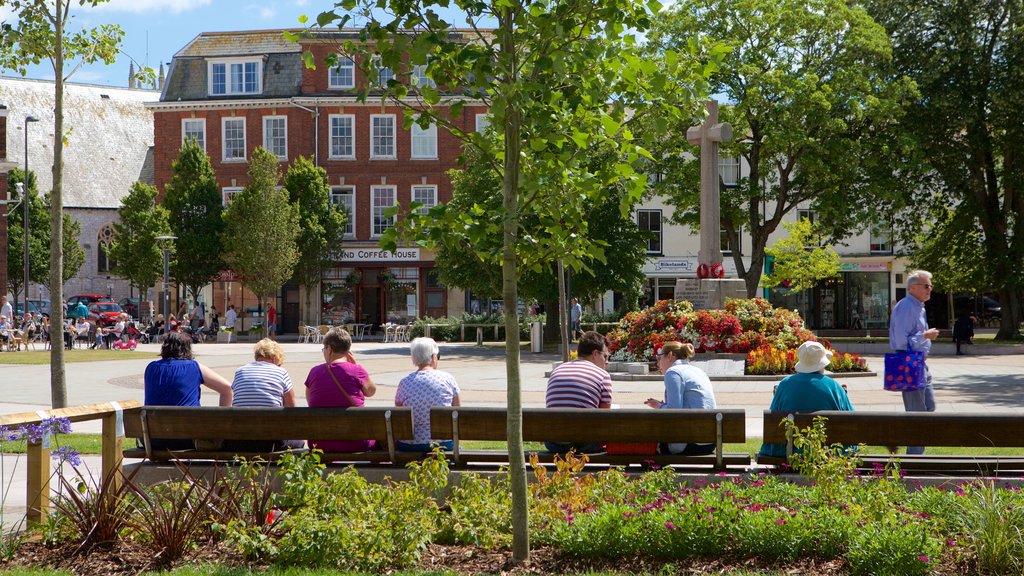 Exmouth toont bloemen, historische architectuur en een plein