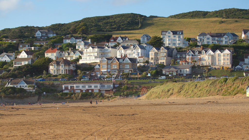 Woolacombe featuring a sandy beach and a coastal town