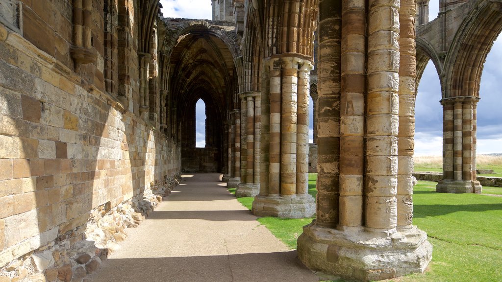 Whitby Abbey som viser kirke eller katedral og historisk arkitektur