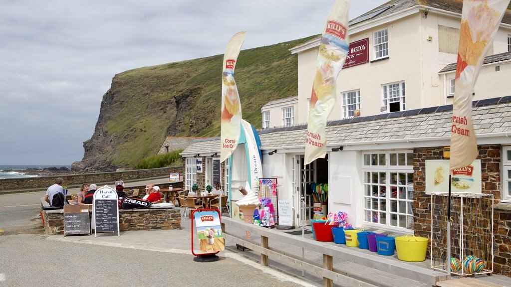 Crackington Haven showing rocky coastline, café scenes and general coastal views