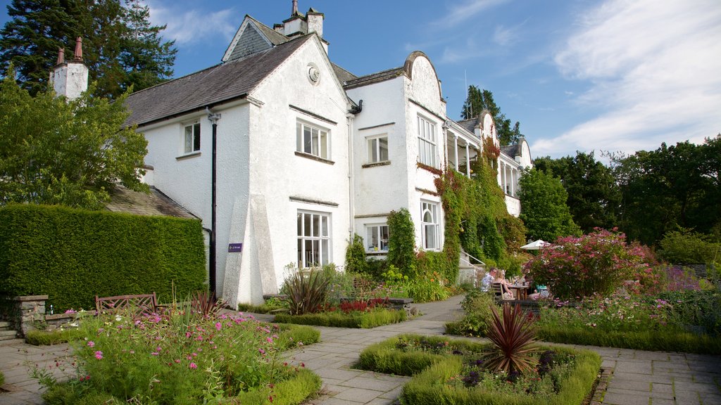 Lake District Visitor Centre at Brockhole showing a garden, a house and heritage elements