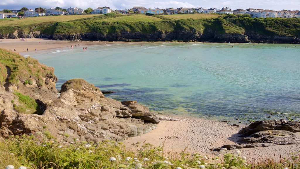 Porth Beach showing a coastal town and general coastal views