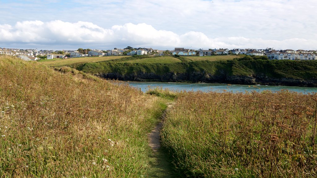 Porth Beach which includes a coastal town and general coastal views