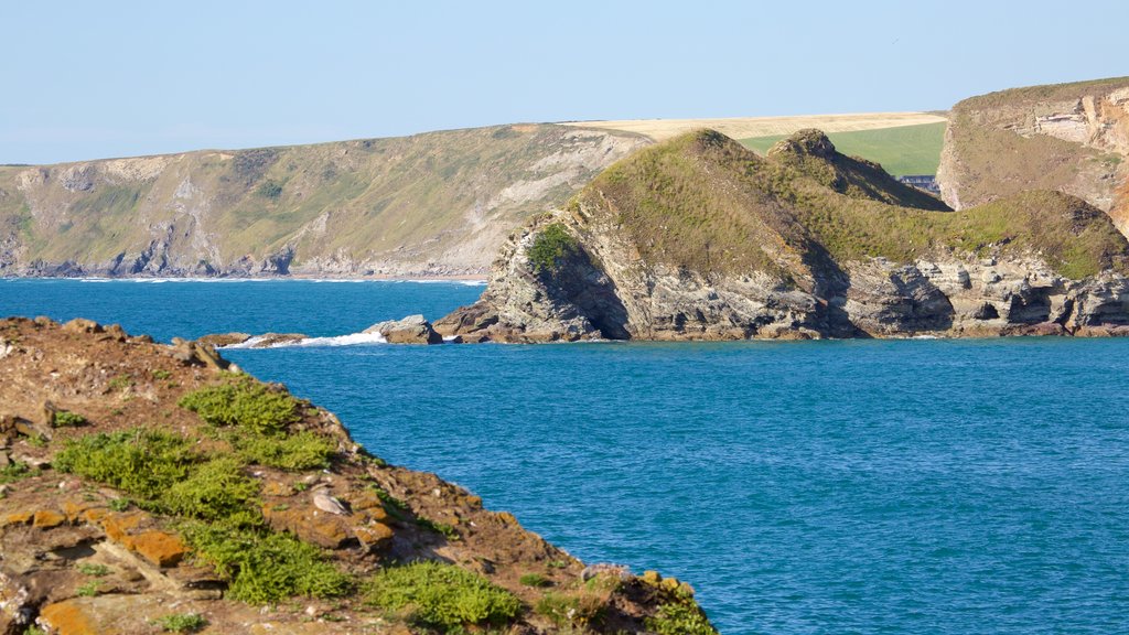 Porth Beach which includes general coastal views and rocky coastline