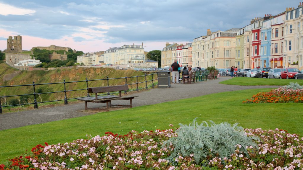 North Bay Beach which includes flowers and a coastal town