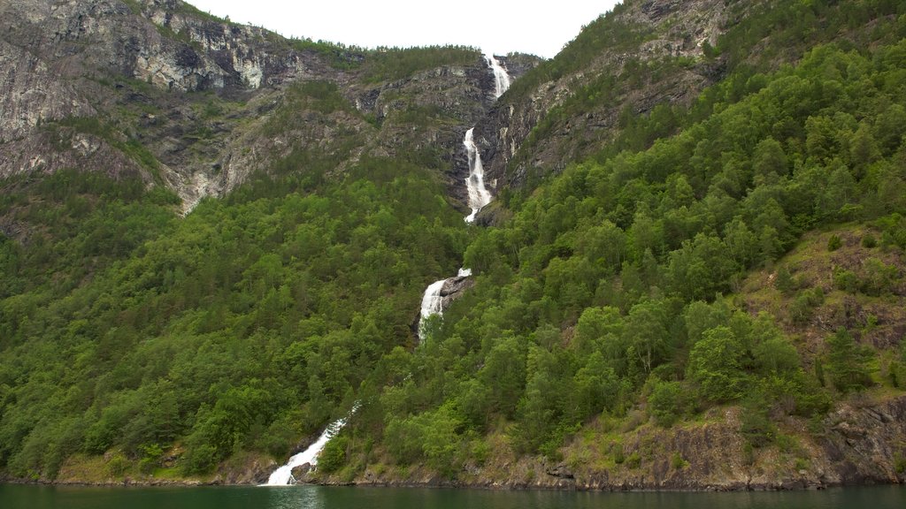 Naeroyfjord ofreciendo una cascada y montañas