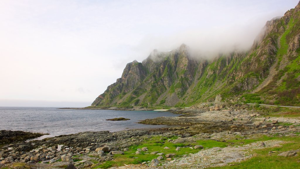 Andoy featuring mist or fog, mountains and general coastal views