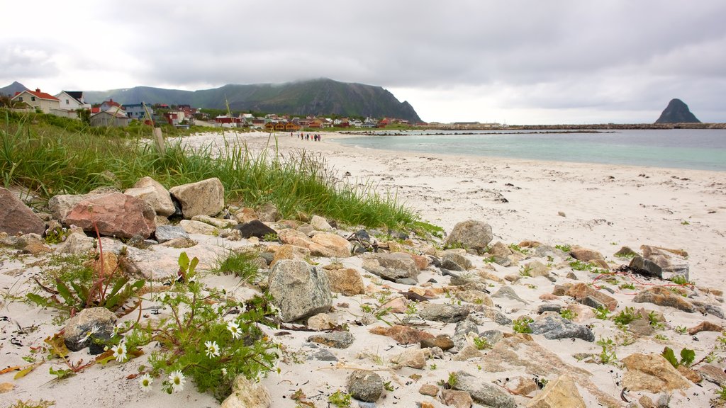 Bleik-stranden som omfatter en sandstrand og en kystby