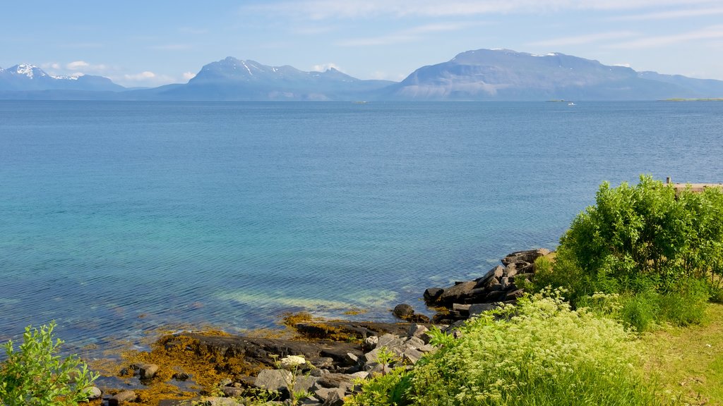 Trondenes Historical Centre showing rugged coastline and mountains