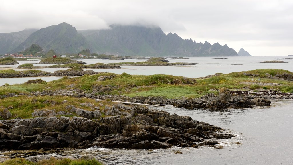 Andoy showing rugged coastline and mist or fog