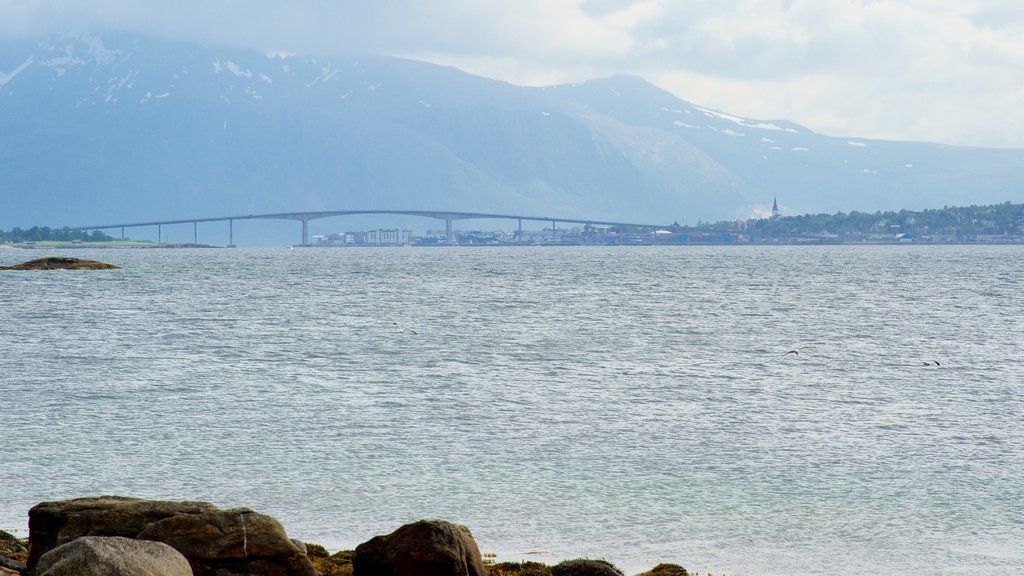 Sortland que incluye montañas, vista general a la costa y un puente