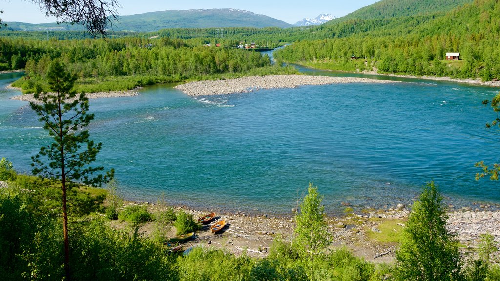 Maalselvfossens vattenfall som inkluderar skogar och en sjö eller ett vattenhål