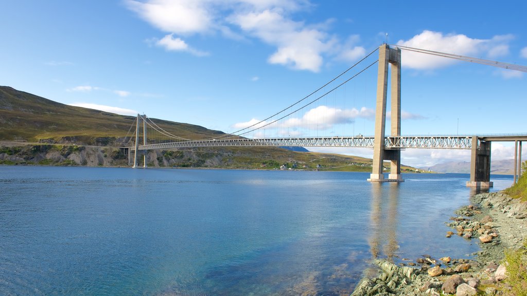 Kvalsund Bridge showing general coastal views and a suspension bridge or treetop walkway