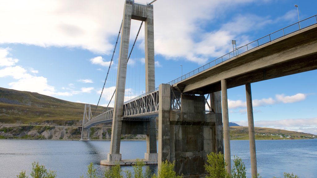 Kvalsund Bridge showing a suspension bridge or treetop walkway and general coastal views