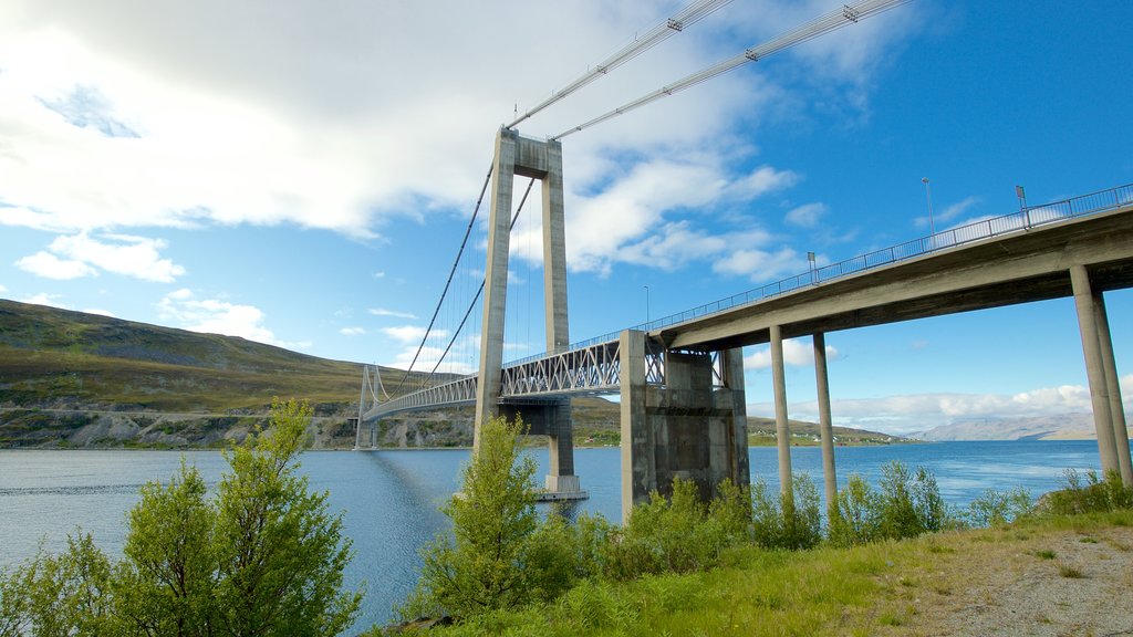 Ponte Kvalsund que inclui uma ponte suspensa ou passarela entre as árvores e paisagens litorâneas