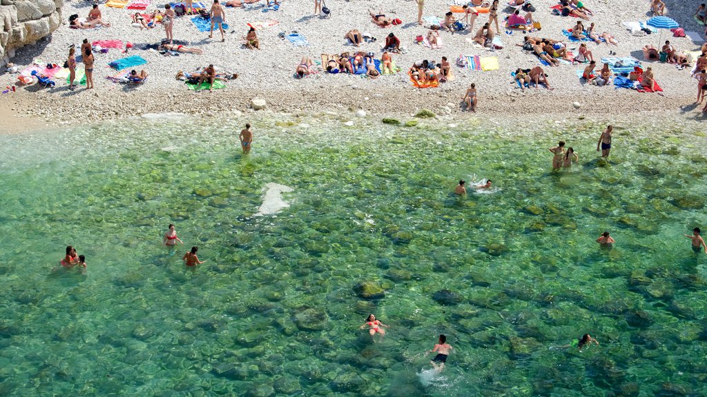 Polignano a Mare which includes a pebble beach and rocky coastline as well as a large group of people