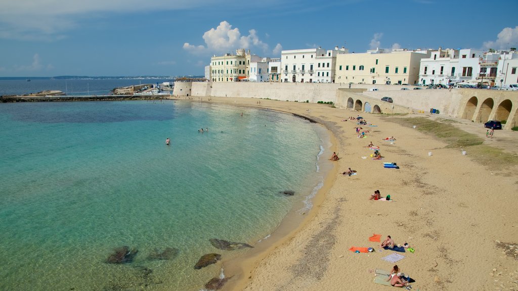 Lecce mostrando una playa de arena, vistas generales de la costa y una ciudad costera