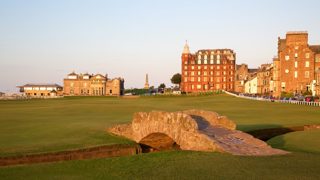 St. Andrews Links featuring heritage architecture, golf and a sunset